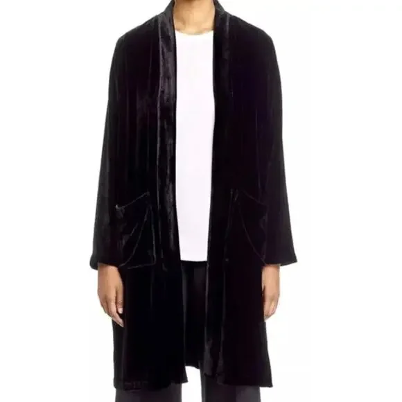 EILEEN FISHER Long Black Velvet Kimono Silk Blend Open Front Pockets Xlarge - Picture 4 of 5